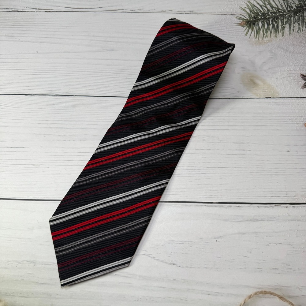 George Necktie Mens Black Red White Striped 100% Silk Hand-Made Professional